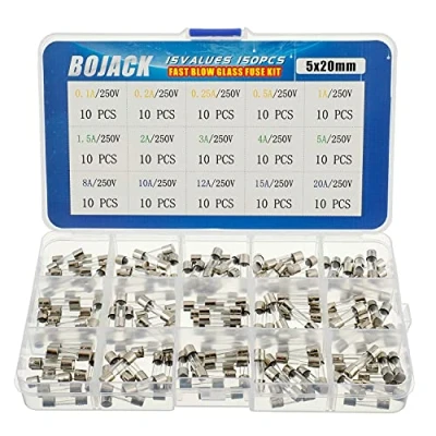 Imagen de BOJACK 15 Valores Surtido de fusibles vidrio con conector rápido 150pcs 5x20mm 250V 0.1 0.2 0.25 0.5 1 1.5 2 3 4 5 8 10 12 20A Embalaje en caja plástico transparente