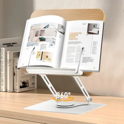 Imagen de Joyoldelf Atril Para Libros Madera Estudio Soporte Libros, Estudiar con Base Giratoria De 360, Apoya Lectura Leer, Book Holder Reposa Mesa Blanca