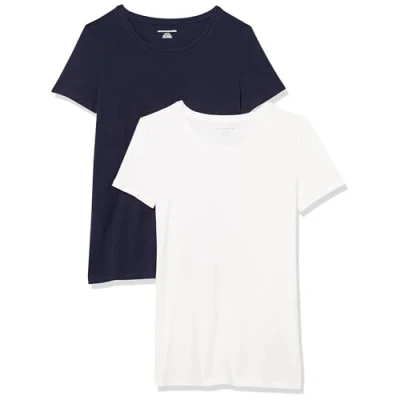 Imagen de Amazon Essentials Camiseta de Cuello Caja Manga Corta y Ajuste Clásico Mujer, Pack 2, Azul Marino/Blanco, XXL