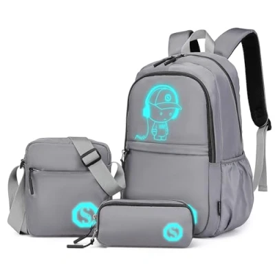 Imagen de Kono Mochila Escolar Luminosa 3 en 1, Bolsa de Hombro y Estuche para Lápices Chicos Anime, Portátil 15.6&quot; Estudiantes Adolescentes Chicas (Gris)
