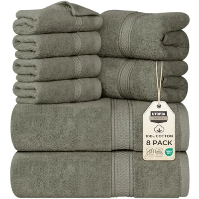 Imagen de Utopia Towels Juego de toallas 8 piezas, 2 baño, mano y 4 paños lavado, 100% algodón hilado en anillo 600 GSM, altamente absorbentes para gimnasio, hotel