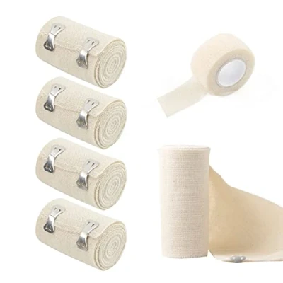 Imagen de 4 rollos de vendas elásticas con 1 rollo vendaje autoadhesivo, apósito presión clip metal, cinturón retención para entrenamiento deportivo, rodillas, tobillos, muñecas (blanco)