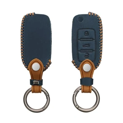Imagen de kwmobile Carcasa Compatible con VW Skoda Seat Llave de Coche 3 Botones Funda Cuero sintético Case para Mando Control Auto Azul Marino/marrón Claro