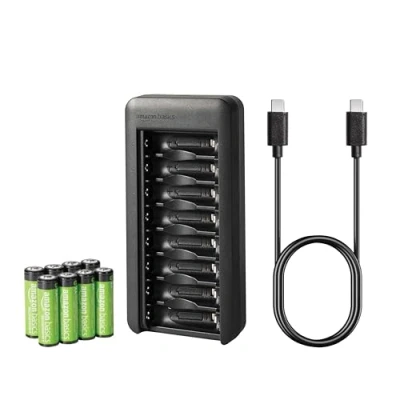Imagen de Amazon Basics Paquete de 8 baterías recargables NiMh AA 2000 mAh con cargador batería bahías, sin adaptador CA, puerto USB C