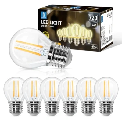 Imagen de Aigostar Bombilla Led Filamento E27,Luz Calida 2700K,720 Lúmenes,6W Equivalente a 55 W,G45 Golf Bombillas,Retro Decorativa,No Regulable, Pack De 6 Uds
