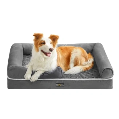 Imagen de Feandrea Cama Ortopédica para Perros, Sofá, Mascotas, Acolchado Suave, Bordes Elevados, Funda Extraíble y Lavable, 91 x 71 20 cm, Antideslizante, Gris Claro PGW076G02