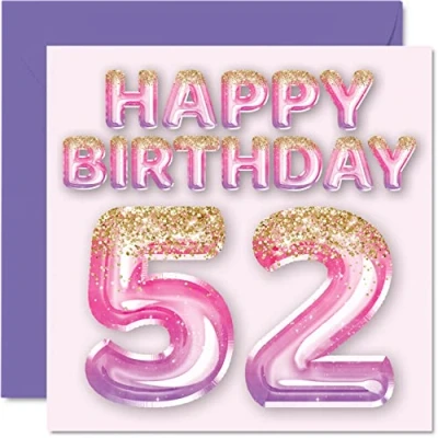 Imagen de Tarjeta de cumpleaños número 52 para mujer, globos purpurina rosa y morada, tarjetas feliz mujer años, mamá, niñera, abuela, tía, 145 mm x mm, felicitación