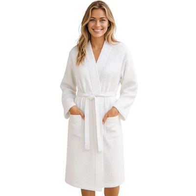 Imagen de Morgenstern Mujer Albornoz Ligero Diseño de Gofre Kimono Bata Piqué Algodón Blanco Talla 38/40