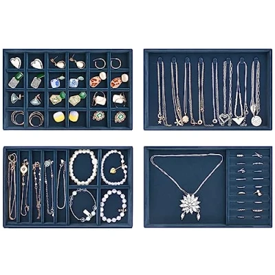 Imagen de Procase 4 Capas Combinadas Organizador de Joyas, Bandeja Joyería para Guardar y Exponer Collares Pulseras Anillos Pendientes Azul Oscuro