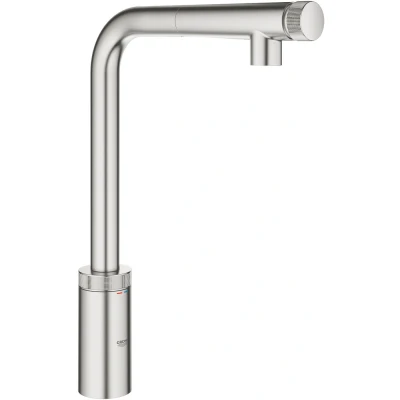 Imagen de GROHE Minta Smartcontrol QuickFix, Grifo de cocina con pulsador (caño alto extraíble, forma en L y giro 360º, menor consumo agua, sistema instalación rápida), gris mate, 31613DC0