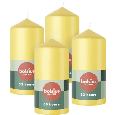Imagen de Bolsius velas de pilar, color amarillo, paquete 4 decorativas para el hogar, larga duración 33 horas, sin perfume, cera vegana natural, aceite palma
