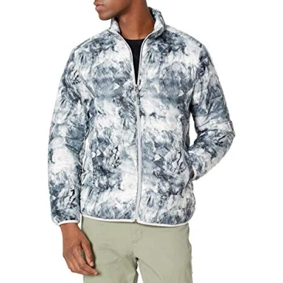 Imagen de Amazon Essentials Chaqueta Acolchada Ligera, Resistente Al Agua y Plegable (Disponible en Tallas Grandes Largos Especiales) Hombre, Negro Blanco Estampado de Mármol, XXL