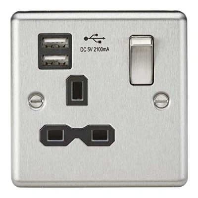 Imagen de Knightsbridge CL91BC 13A 1G Enchufe conmutado con doble ranura para cargador USB inserto negro, borde redondeado, cromo cepillado