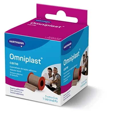 Imagen de Omniplast, Esparadrapo de Tela Resistente, Pre Tape para la Sujeción Apósitos y Vendajes, Espadrapo Hipoalargénico Resistente al Agua, Cinta Quirurgica, Color Carne (5cm x 5m)