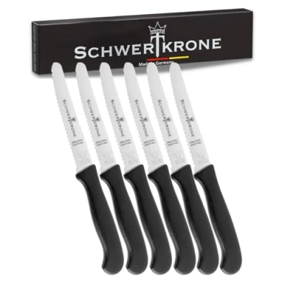 Imagen de Schwertkrone cuchillo para panecillos, afilado ondulado, de tomate, juego cuchillos mesa, verduras, negro, dentado, apto lavavajillas (6)