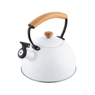 Imagen de Tetera FLORINA (2,3 l) de Acero Inoxidable NATURA Flauta con Mango Madera Silbato Automático para Estufa Inducción, Gas y Eléctrica Color: Blanca