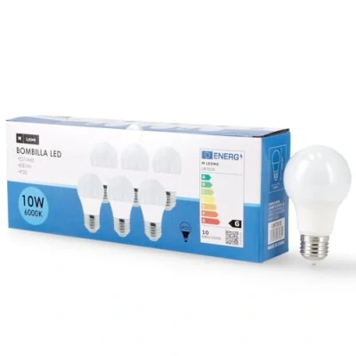 Imagen de M Ledme Pack 6, Bombilla Led E27 A60 10W, Luz fría (6000k), casquillo E27, 820 Lumen, IP20, Apertura del Haz de 200, Eficiencia energética y Bajo Consumo. LM7610