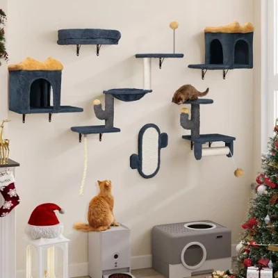 Imagen de YITAHOME 7PCS Estante de Escalada para Gatos Montado en La Pared, Muebles Pared Madera Árbol con Casa/Hamaca Gatos/Bola Colgante, Gris Oscuro y Amarillo