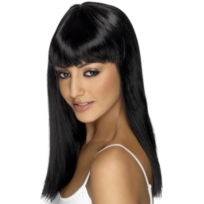 Imagen de Smiffy&#039;s 42153 Años 80 Peluca Glamourama, Larga, Recta con Flequillo, Color Negro, Tamaño único