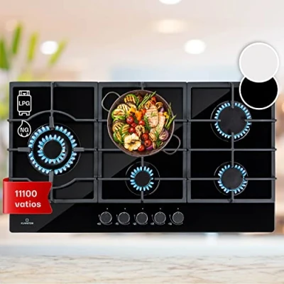 Imagen de Klarstein Cocina de Gas Butano, 5 Fuegos Placa para Encimera Cocina, Potencia 11100W, Butano Integrada Acero y Cristal Cerámico, Fogones Cocinas, Anillos GPL