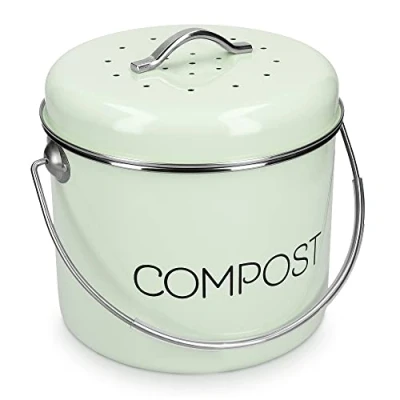 Imagen de Navaris Cubo de metal para compost Contenedor basura orgánica con tapa y 3x filtro 21.5 x 23.2 CM Compostera vintage la cocina 5 L