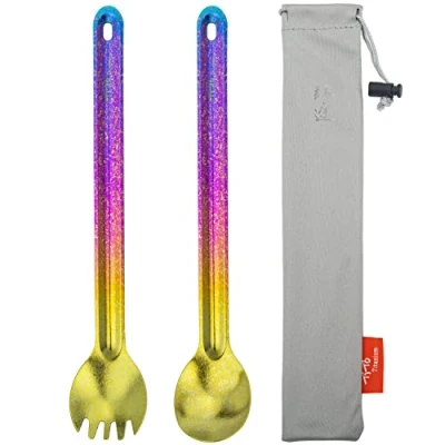 Imagen de TiTo Titanium Cuchara de Mango Largo Titanio Spork con Bolsa Almacenamiento Ultraligero Portabale Cubiertos para Acampar Hikking Mochilero Utensilio(Caja Paquete)