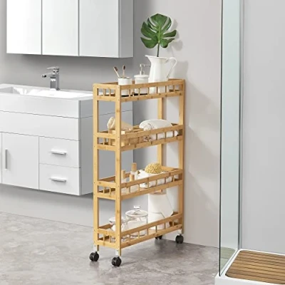 Imagen de [en.casa] Carro de Servicio con 4 Estantes Carrito Cocina Estantería Baño Ruedas Versátil Bambú/Plástico 96 x 60 18 cm Natural