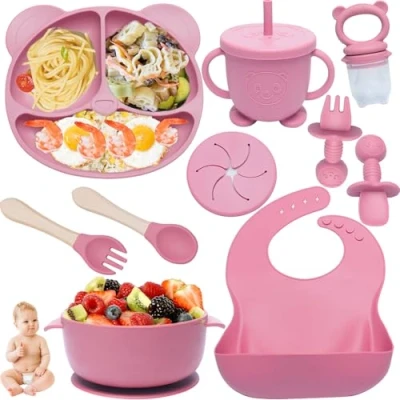 Imagen de Kinyoda Vajilla Bebe Silicona 10 Piezas, Cubiertos Bebe, Infantil Antideslizante Con Plato Ventosa Vasito Cuchara Babero, de aprendizaje para comer destete(Rosa Oscuro)