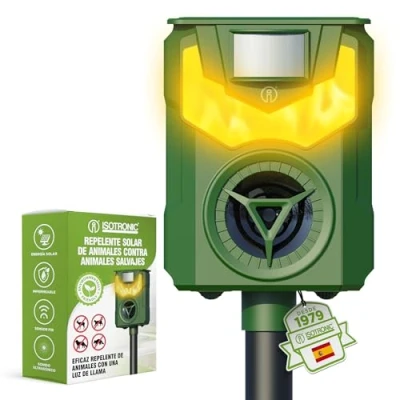 Imagen de ISOTRONIC Ahuyentador solar de animales con frecuencia + luz llama, contra salvajes como mapaches, ciervos, zorros, jabalíes, etc. eficaz defensa