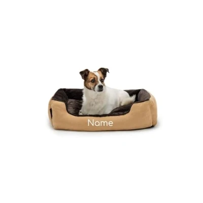 Imagen de lionto Cama para Perros con cojín Reversible y Base Antideslizante, Mascotas Entrada Baja Gatos, 60x48 cm, Acogedor, Beige/marrón (con Nombre Impreso)