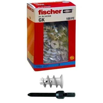 Imagen de fischer 542458 100 Tacos GK, específicos para cartón Yeso, Incluye Accesorio de Montaje, Gris, pz, Set Piezas