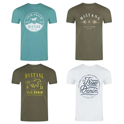 Imagen de MUSTANG Juego de 4 camisetas para hombre con estampado frontal, cuello redondo, manga corta, camiseta regular, 100% algodón, negro, blanco, gris, azul, verde, S, M, L, XL, XXL, 3XL, 4XL, 5XL, 6XL,
