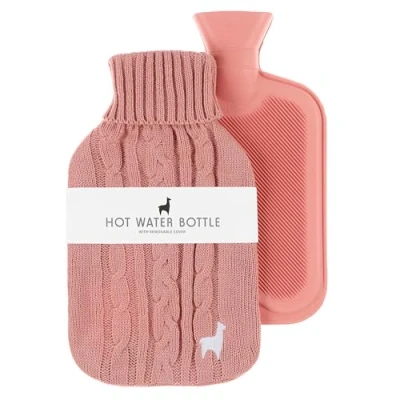 Imagen de Nordstern Bolsa de agua caliente premium con funda punto suave, botella a prueba fugas para aliviar el dolor, cama caucho natural niños y adultos, color rosa