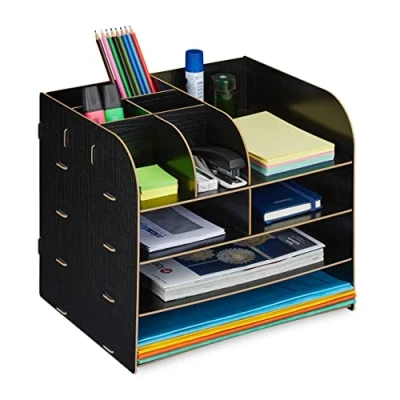 Imagen de Relaxdays Organizador Escritorio Documentos, 10 Compartimentos, 27,5x32,5x25 cm, Cajonera Sobremesa MDF, Color Negro, Tablero de Fibras