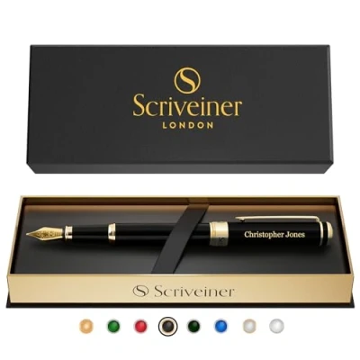 Imagen de Scriveiner pluma fuente personalizada Negra: de lujo con laca negra, acabado en oro 24K, plumín alemán Schmidt (medio), set regalo grabado ideal para hombres y mujeres,