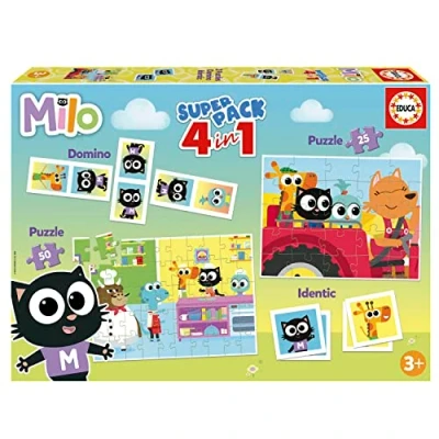 Imagen de Educa Superpack Milo, Juegos de Mesa Infantiles como Domino, Identic y 2 Puzzles 25 50 Piezas, Múltiples Posibilidades Juego para Jugar Solo o acompañado, A Partir 3 años (19684)