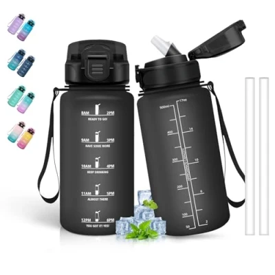 Imagen de Botella Agua, 500ml Agua Niños, con Pajita, A Prueba de Fugas, Reutilizable, Botellas Niños Colegio, Cantimplora Infantil para la Escuela, Correr, Oficina, Viajar, Negro