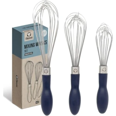 Imagen de Chef Pomodoro Varillas Cocina Set de 3 Piezas Batidora Manual Acero Inoxidable Varilla para Batir, Montar Nata, Batir Huevos, Repostería Utensilios