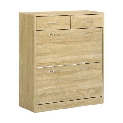 Imagen de HOMCOM Armario de Zapatos Mueble Zapatero Estrecho con 2 Cajones Abatibles y Extraíbles para 12 Pares Salón Entrada Pasillo 80x30x91,5 cm Roble