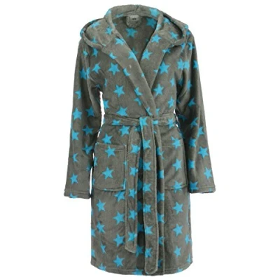 Imagen de Brandsseller Albornoz de Señora con Estrellas L/XL Acogedora bata Capucha Microfibra Gris/Turquesa