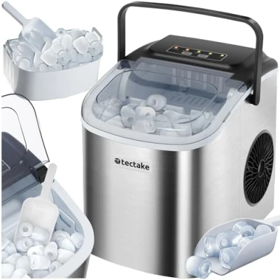 Imagen de tectake® Máquina de Hielo Portátil, Tanque Agua 1,2 Litros, 2 Tamaños Cubitos Hielo, Autolimpieza, Acero Inoxidable, Indicadores Depósito Lleno y Vacío, Ideal Hogar Oficina plateado