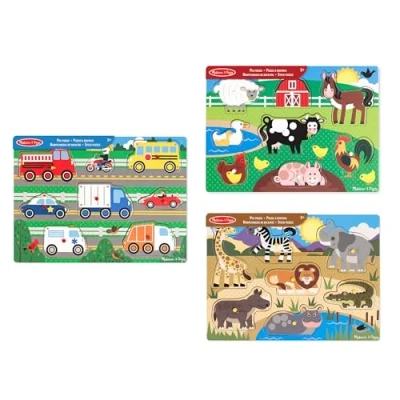 Imagen de Melissa &amp; Doug Pack de 3 Puzzles Encaje Madera, Animales la Granja, Safari y Vehículos, Puzzle, Rompecabezas madera Para Niño, 3+ Años, Regalo Niño O Niña