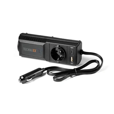 Imagen de Technaxx Car Inverter 200W, convertidor de voltaje 12V a 230V con 2 puertos USB, 1 toma Schuko, protección alto/bajo y sobrecarga Transformador para encendedor TE21