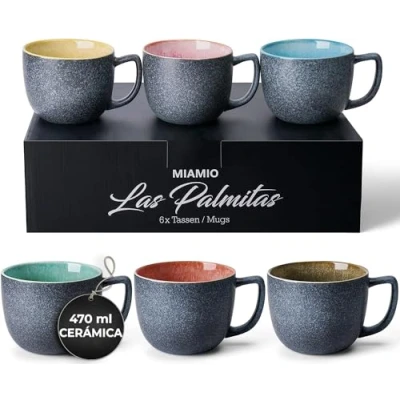 Imagen de MIAMIO 6 tazas de café 470 ml/set tazas/taza grande/tazas gres moderno Las Palmitas Collection Set