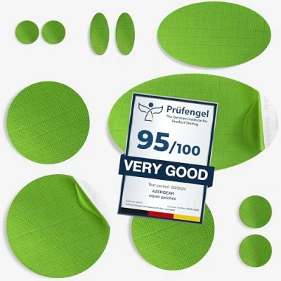 Imagen de aZengear Parches de Reparación Nylon Autoadhesivo Parche Impermeables para Chaqueta Plumón, Tienda, Bolsa, Ropa, Reparar Agujeros (11 Piezas, Verde Neón)