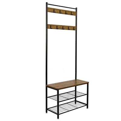 Imagen de Meerveil perchero, zapatero, banco de almacenamiento zapatos con 9 ganchos, árbol pasillo metal, marco metal para dormitorio, sala estar, (marrón)