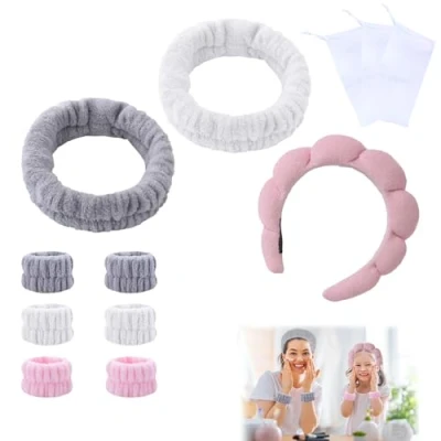 Imagen de DALAETUS 12 Piezas Diademas Faciales Set, de Spa con MuñEqueras, Diadema para Lavado Facial, Redes Burbujas, Mujeres, Maquillaje, Yoga, Deportes, Ducha