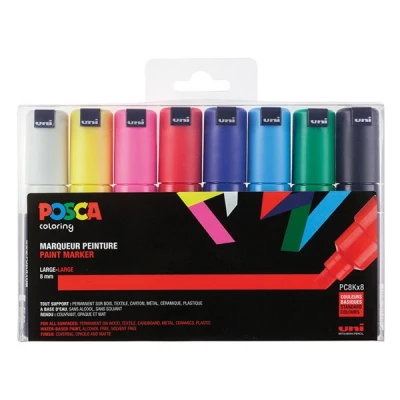 Imagen de uni ball 182608 Marcador POSCA con punta de cuña ancha, juego 8, colores básicos