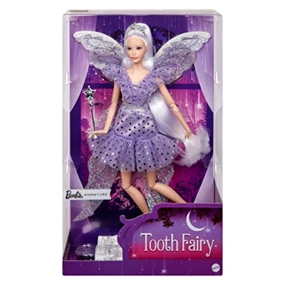 Imagen de Barbie Muñeca Hada de los Dientes con Vestido añil, alas, Varita y Accesorios, colección Signature, Juguete para Adultos +6 años (JCW43)