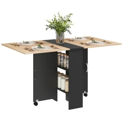 Imagen de HOMCOM Mesa Plegable de Comedor Cocina con Ruedas Alas Abatibles y Estantes para 4 6 Personas 75x140x74 cm Natural Negro